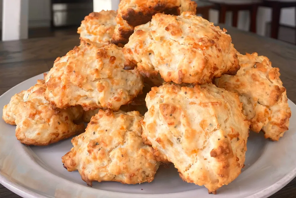 A plate piled with golden cheddar drop biscuits flecked with herbs